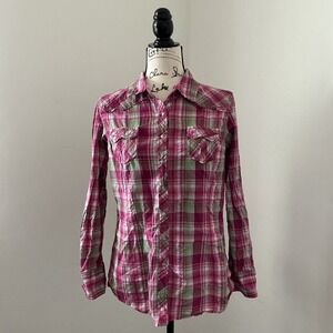 Ariat Fitted Western Plaid‎ Long Sleeve Snap Shirt Pink Green Metallic L